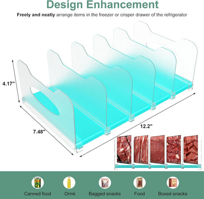 SURETIVIAN Freezer Organizer 12” Visible Fridge Organizer Rack with Removable Dividers and Handles, Freely Adjustable, Fits Refrigerator Frozen Meals, Lunch Meat Box, Cheeses (Mint Green)