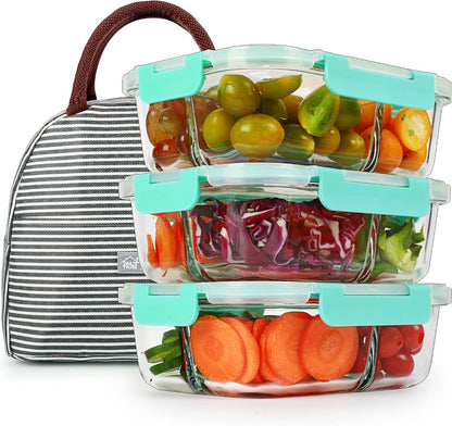 DAS TRUST 3 Pack Bento Box Glass Meal Prep Containers - 3 Compartment Glass Food Storage Containers with Lids - Lunch Box Meal Prep Bowls - Oven Safe