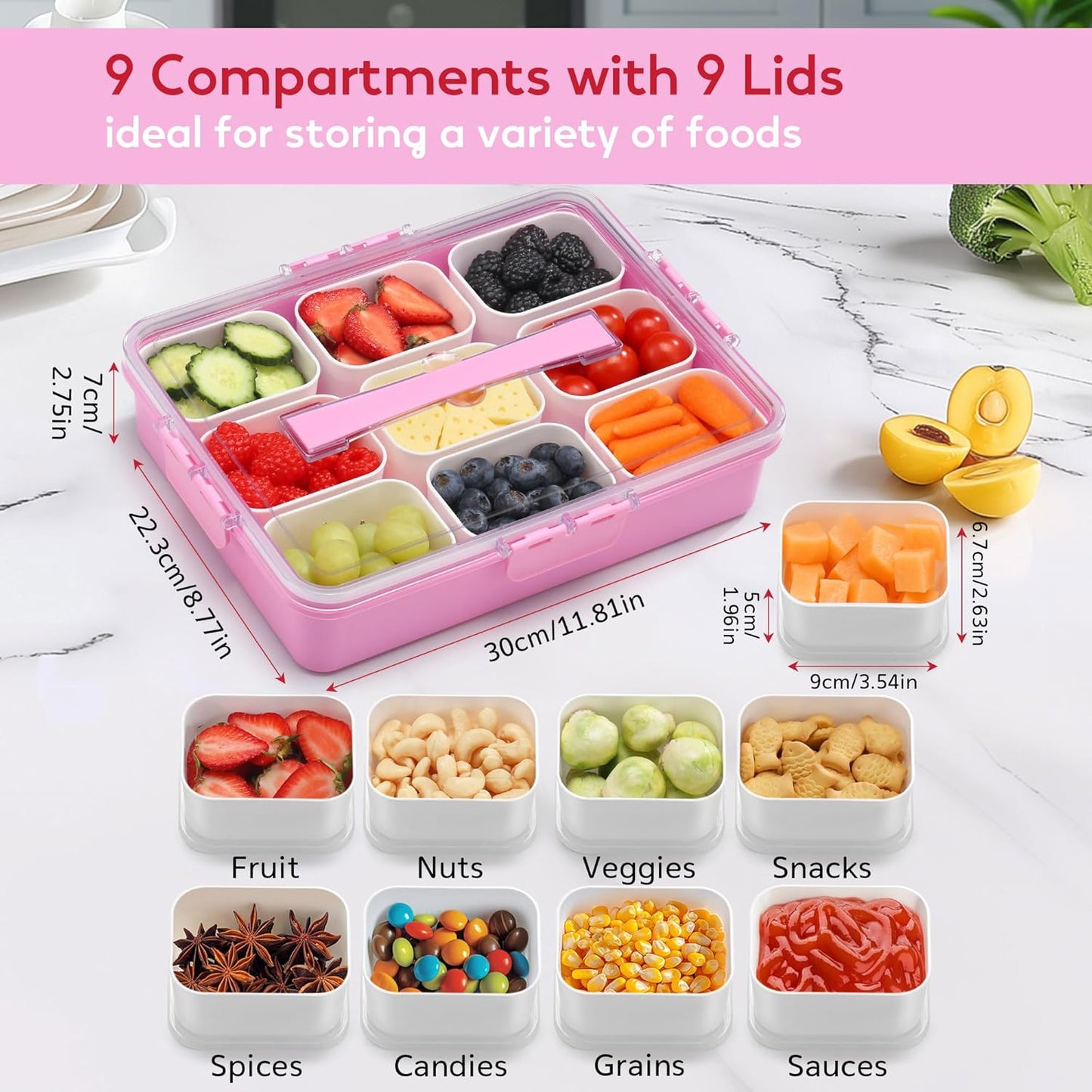 Snackle Box Container for Adults with 9 Compartment, Divided Serving Tray Snack Box Containers with Lid and Handle, Charcuterie Boxes Portable Snack Platter for Fruit Veggie Party Travel, White