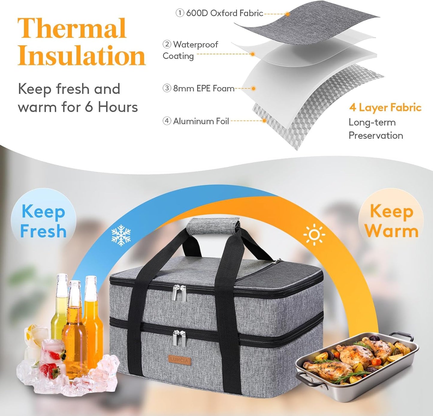 LUNCIA Insulated Single Decker Casserole Carrier, Lasagna Lugger Tote Keeps Food Hot or Cold, Thermal Lunch Bag for Potluck Parties, Picnic and Cookouts, Fits 9" x 13" Baking Dish, Black
