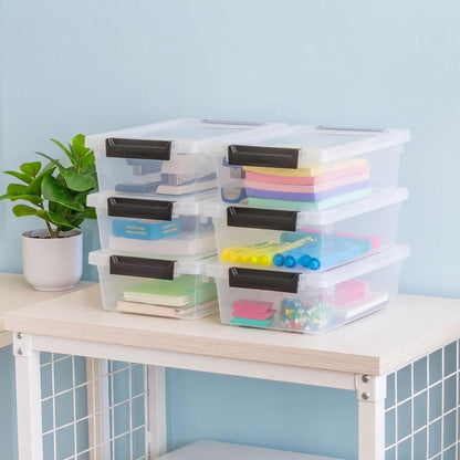 IRIS USA 12 Qt. Craft Storage Bins with Lids, 4-Pack, |Made in USA|, Clip Box, Medium Plastic Sensory Bin Tote Organizer Containers for Art Supplies, Paper, & Office, Stackable - Clear/Seafoam Blue