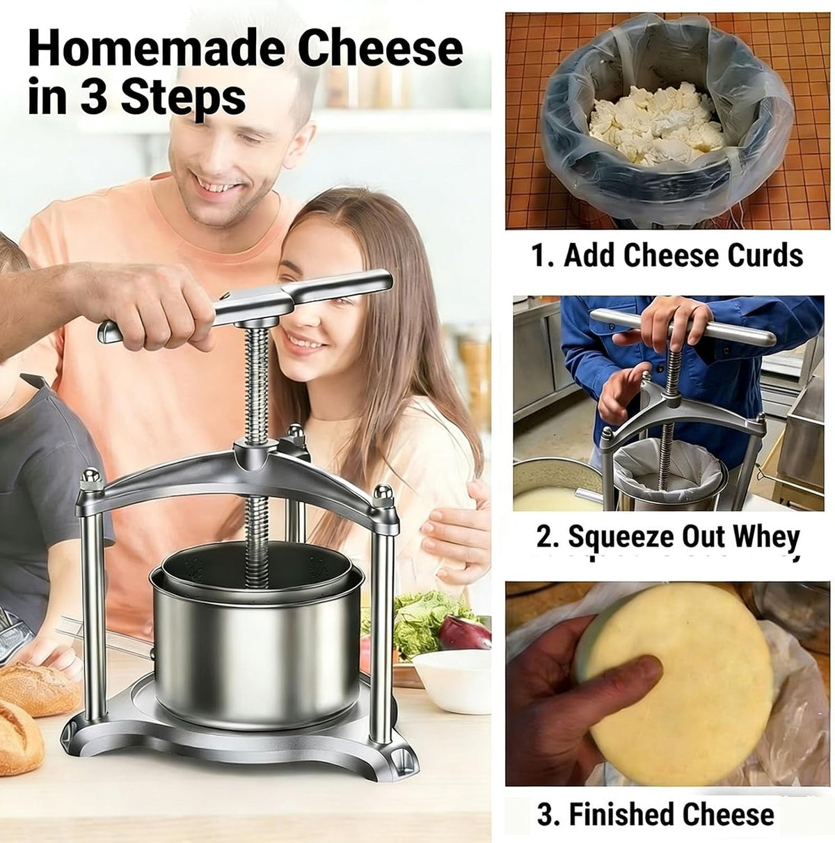 Manual Cheese Press, 0.8 Gallon Heavy Duty Food Press for Cheese, Tofu & Vegetable Dehydration – Stainless Steel Basket Herb & Tincture Press with Filter Bags, Not for Hard Fruits