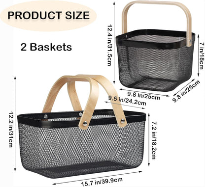 Cheardia 2 Pack Picnic Baskets, Metal Mesh Harvest Basket with Foldable Wooden Handle, Rectangle Garden Storage Basket Bin for Vegetable Fruit Garden Kitchen Cabinet Picking Gathering