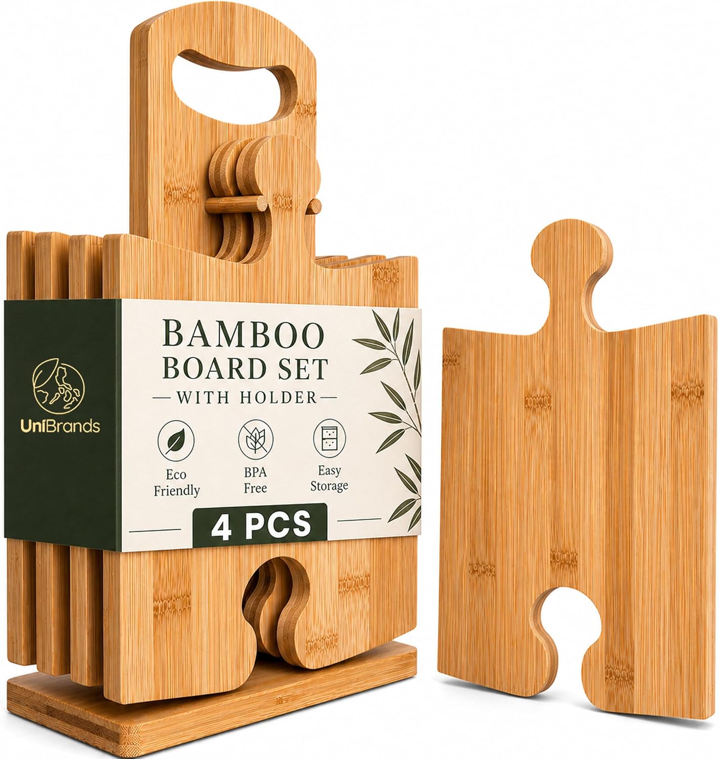 Bamboo Cutting Board Set with Stand – 4 Interlocking Wooden Chopping & Serving Boards for Charcuterie, Cheese Platters, Meal Prep & Entertaining – Eco-Friendly Kitchen Boards