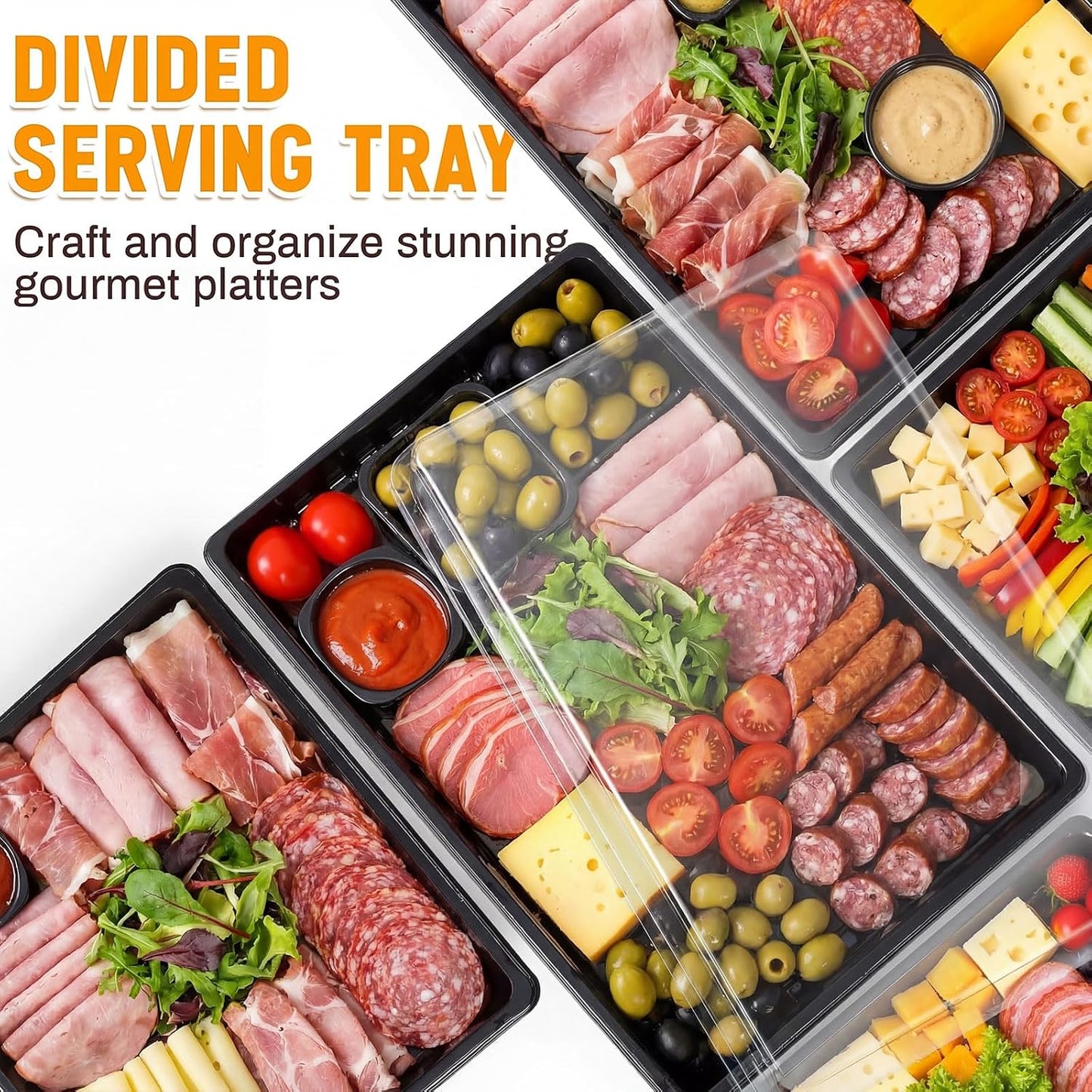 Shellwei 5 Pack Extra Large Charcuterie Board with Lids, 18 x 12 Inch Plastic Catering Trays for Cookies, Desserts, Candy, Reusable Serving Platters for Travel Party