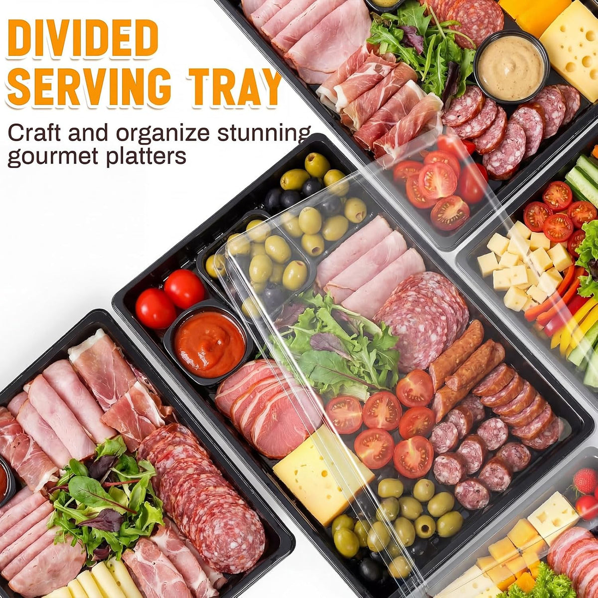 Shellwei 5 Pack Extra Large Charcuterie Board with Lids, 18 x 12 Inch Plastic Catering Trays for Cookies, Desserts, Candy, Reusable Serving Platters for Travel Party