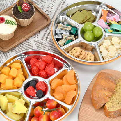 2 pcs Veggie Tray with Lid, Divided Serving Tray with Lid, Round Stainless Steel Serving Platter, Snackle Box Container with 7 Compartments
