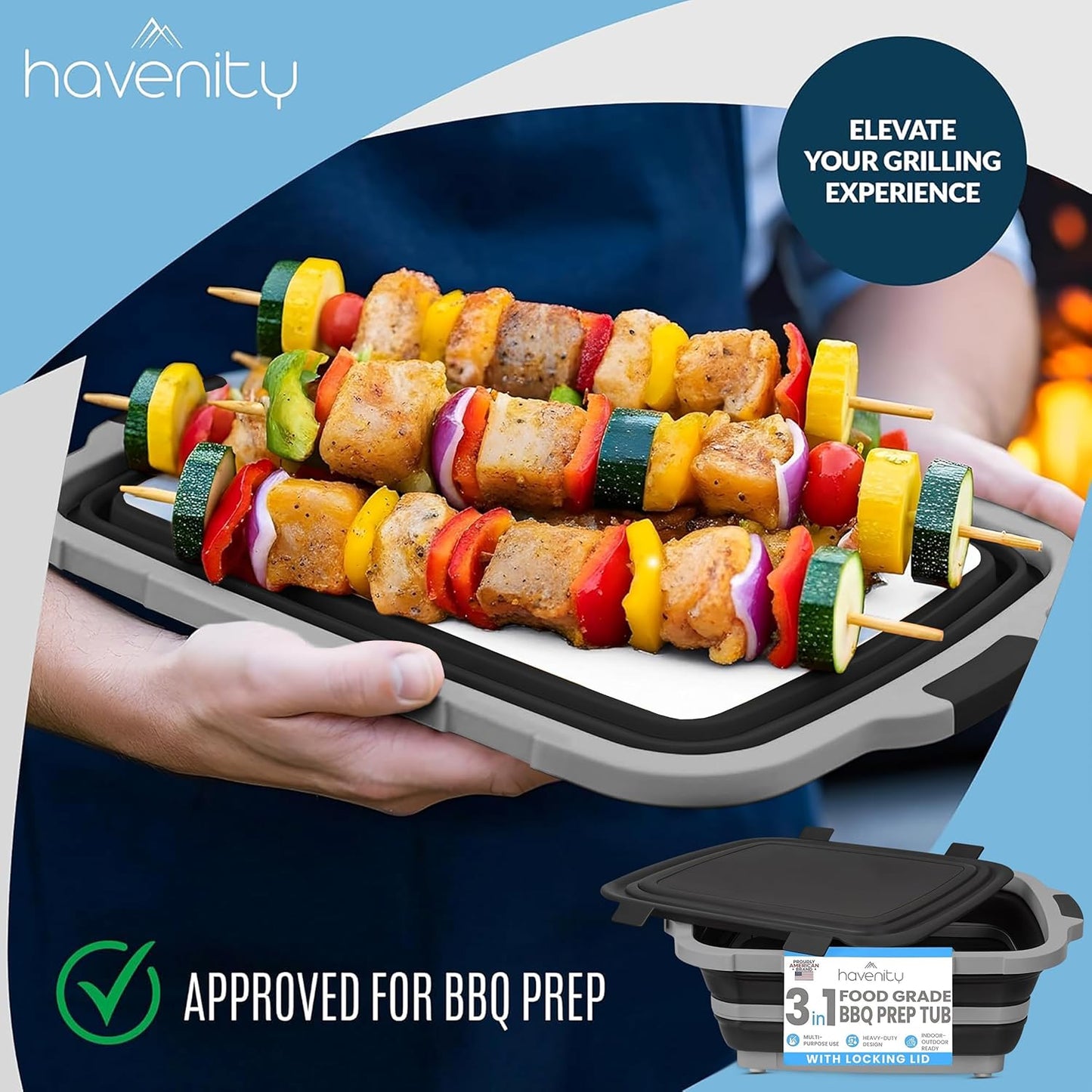 BBQ Prep Tub 8L - Multifunctional Collapsible Camping Cutting Board with Upgraded Locking lid, Meat Storage Container for Meal Prep, Dish Basin Bowl Perfect for Grilling Outdoor Cooking Large