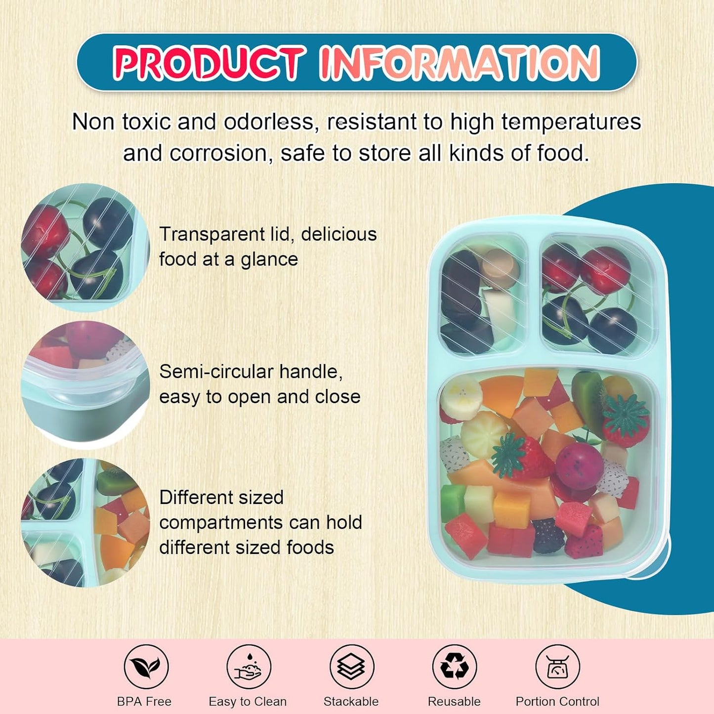 Honeydak 5 Pack Snack Containers 3 Compartment Bento Snack Boxes Divided Meal Prep Containers with Lids Reusable Adults Lunch Food Storage Box for School Work Travel(Elderberry)