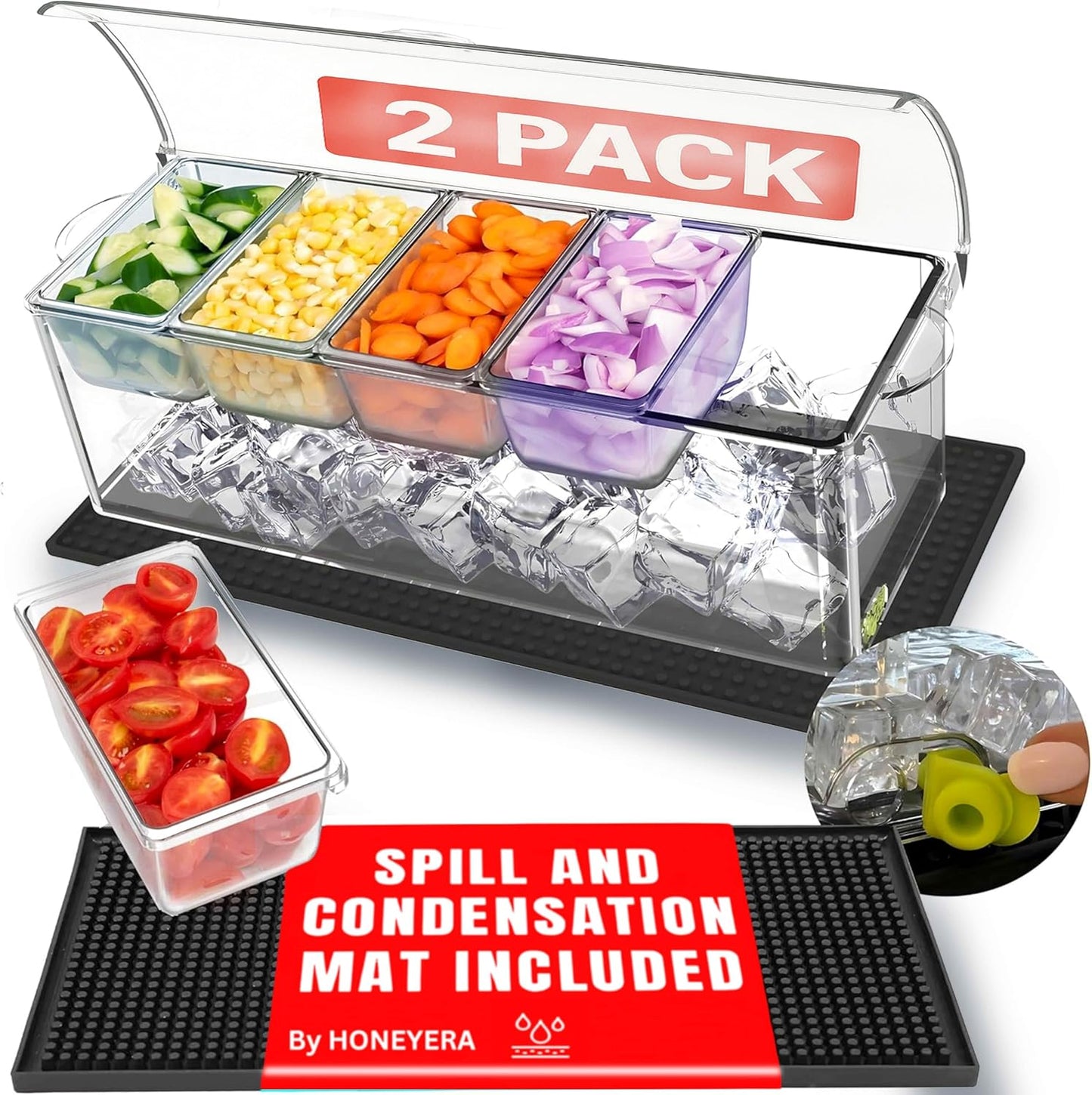 Honeyera Chilled Condiment Server | Hosting Essentials for Up to 80 Oz of Ice | Mimosa Bar Supplies Drain Plug | BPA-Free Taco Bar/Salad Bar | Food-Safe Condiment Caddy (Parent) (White, 2 Pack)