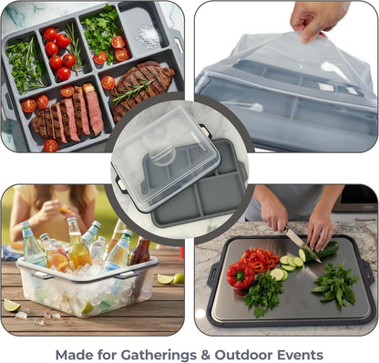 Multi-Purpose Serving and Entertaining Tray with Foldable Silicone Lid and Divided Plates, Stainless Steel Serving Set for Kitchen, Camping, BBQ and Outdoor Events