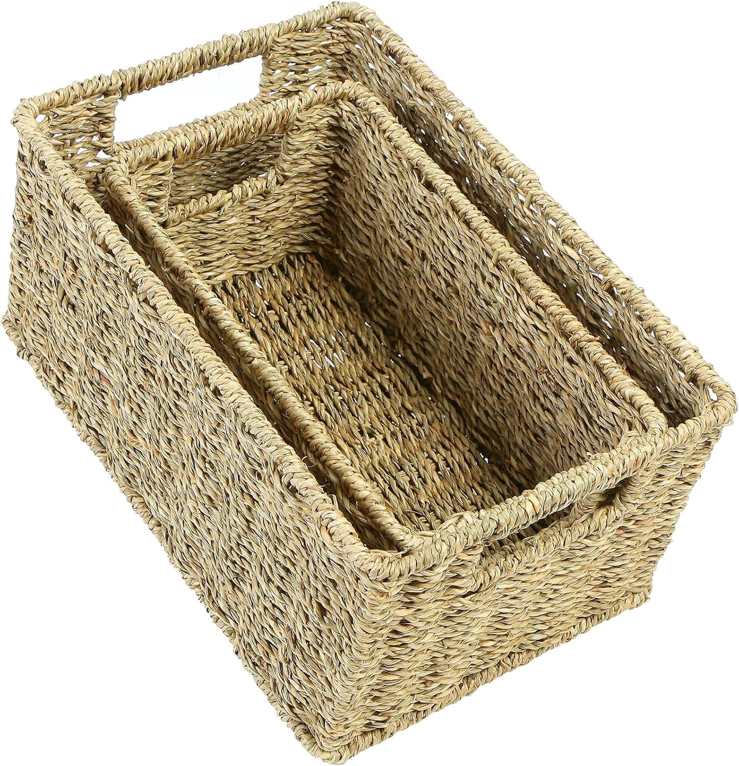 HOONEX Water Hyacinth Storage Baskets, Wicker Baskets for Storage, Hand Woven Baskets with Carry Handles, Set of 2, Natural