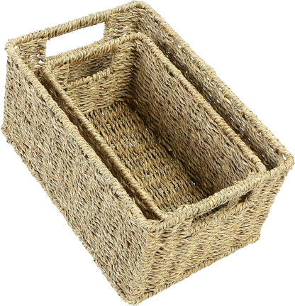 HOONEX Water Hyacinth Storage Baskets, Wicker Baskets for Storage, Hand Woven Baskets with Carry Handles, Set of 2, Natural