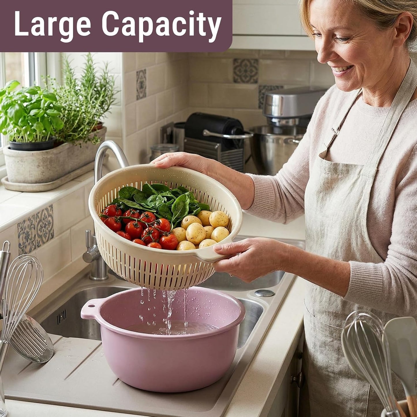 2 in 1 Colander Bowl Set, Detachable Strainer and Serving Bowl Kitchen Fruit Vegetable Washing Drainer for Home Meal Prep and Salad Making (Extra Large 20x9x24cm)
