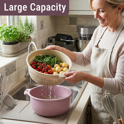 2 in 1 Colander Bowl Set, Detachable Strainer and Serving Bowl Kitchen Fruit Vegetable Washing Drainer for Home Meal Prep and Salad Making (Extra Large 20x9x24cm)