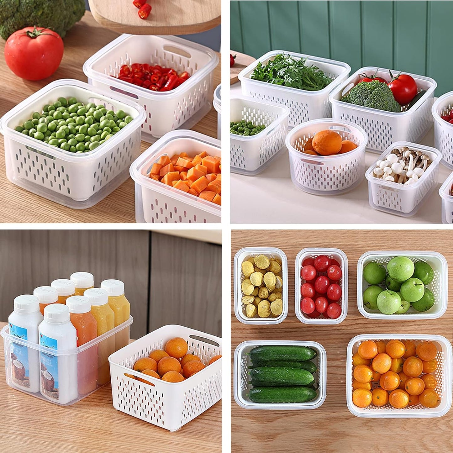 3Pack Fridge Food Storage Container Set with Lids with Strainer,Plastic Fresh Produce Saver Vegetable Fruit Meat Storage Organization, BPA-Free Plastic Produce Keepers(3.15L+1.7L+0.8L)