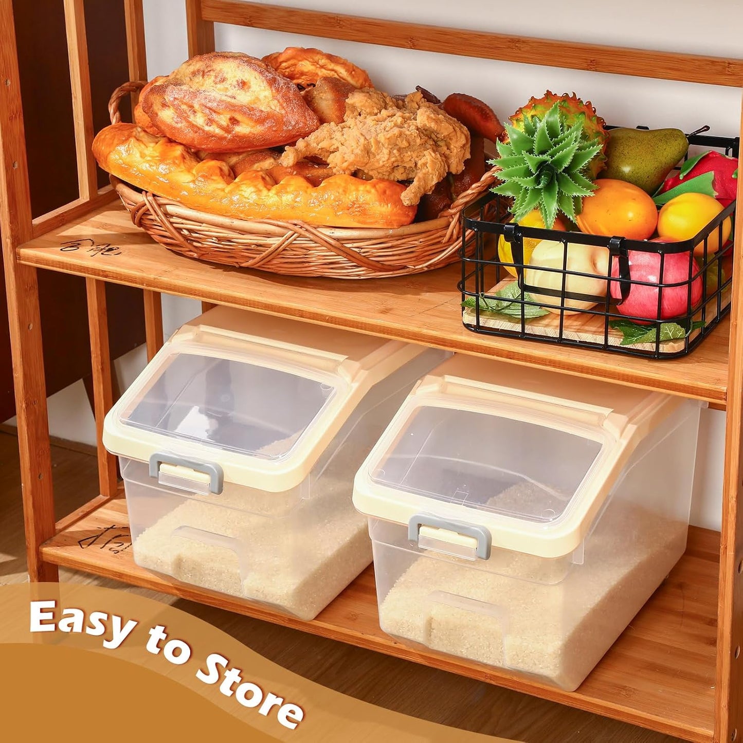 Sunnyray 4 Pcs Rice Storage Containers Bulk Flour Sugar Container Wheels Measuring Cups Set Airtight Pet Dog Cat Birds Food Bin Grain Cereal Organizer Box for Dry Baking (Beige,38 lb)