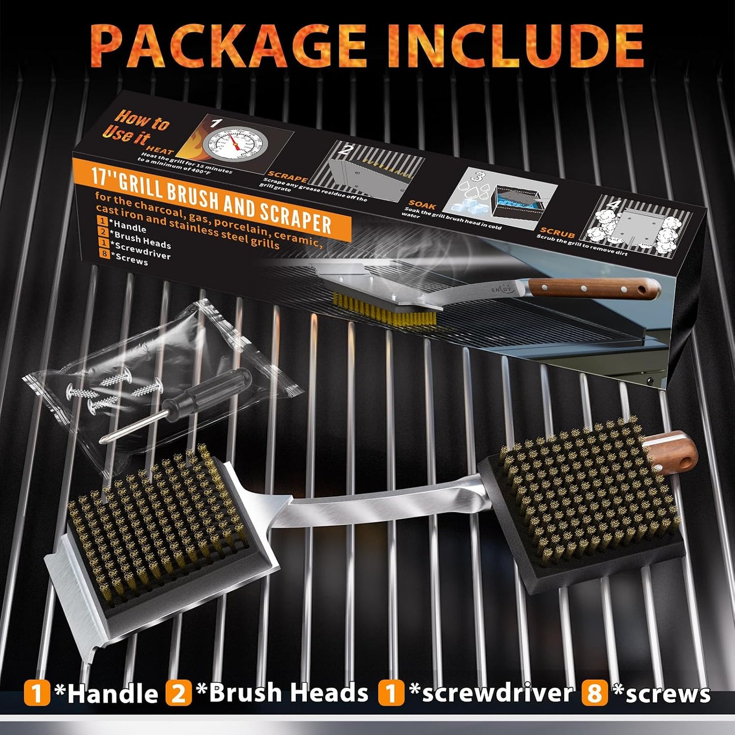 ENLOY Grill Brush and Scraper for Barbecue, 17" Grill Brush for Outdoor Grill, Extended Rosewood Handle and 2 Replaceable Copper Wire Brush Heads, Grill Cleaning Brush Grill Accessories for Most Grill