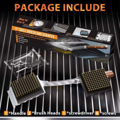 ENLOY Grill Brush and Scraper for Barbecue, 17" Grill Brush for Outdoor Grill, Extended Rosewood Handle and 2 Replaceable Copper Wire Brush Heads, Grill Cleaning Brush Grill Accessories for Most Grill
