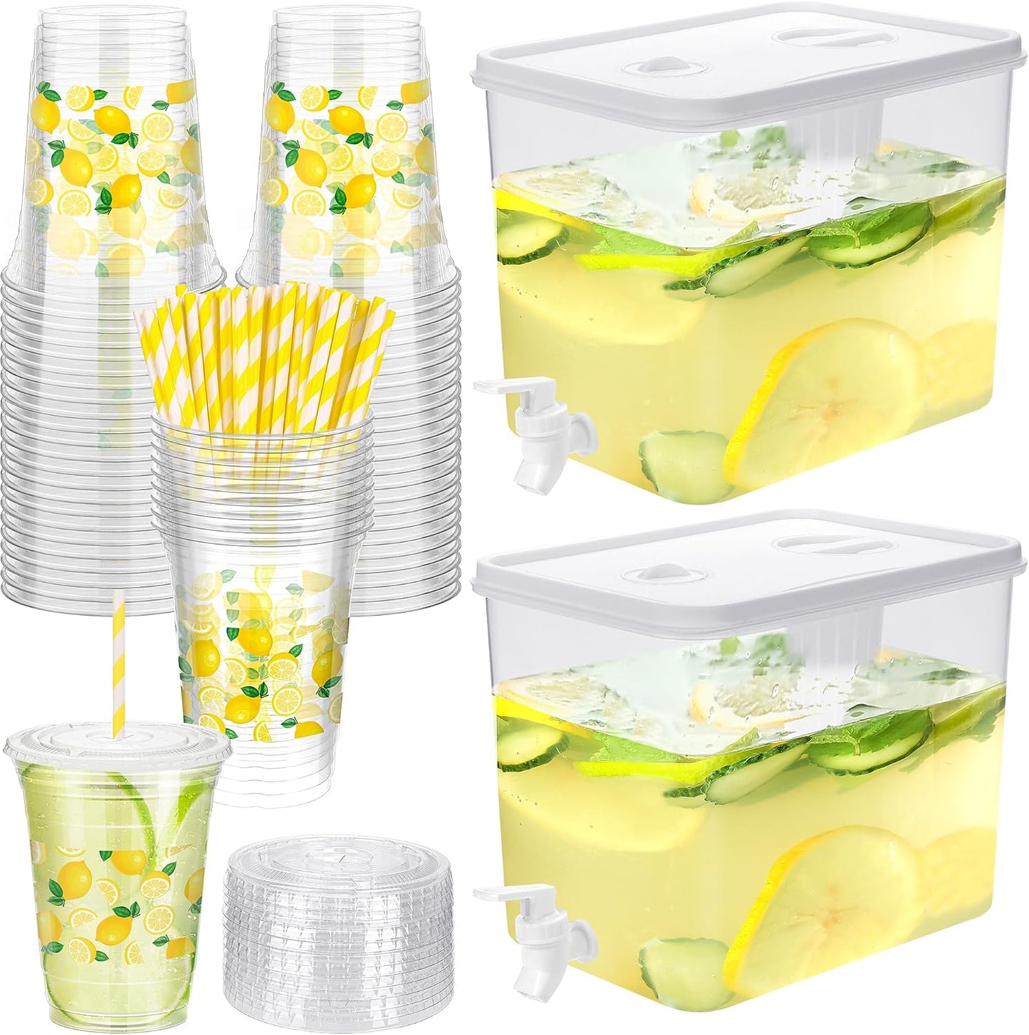 Kochorie 2 Pack 2.3 Gallon Lemonade Dispenser, Plastic Drink Dispenser with Spigot 50 Disposable 12 OZ Lemon Plastic Cups with Lid Straw for Lemonade Stand Supplies Fruit Party Drinks Tea Juice