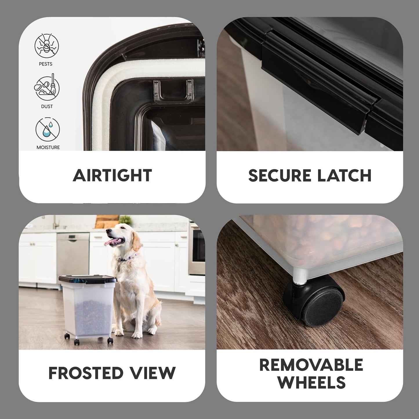 IRIS USA Airtight Dog Food Storage Container, WeatherPro, Up to 25 lbs, Removable Wheels, for Dog Cat Bird and Other Pet Food Storage Bin, Keep Fresh, Translucent Body, Made in USA, Clear/Black