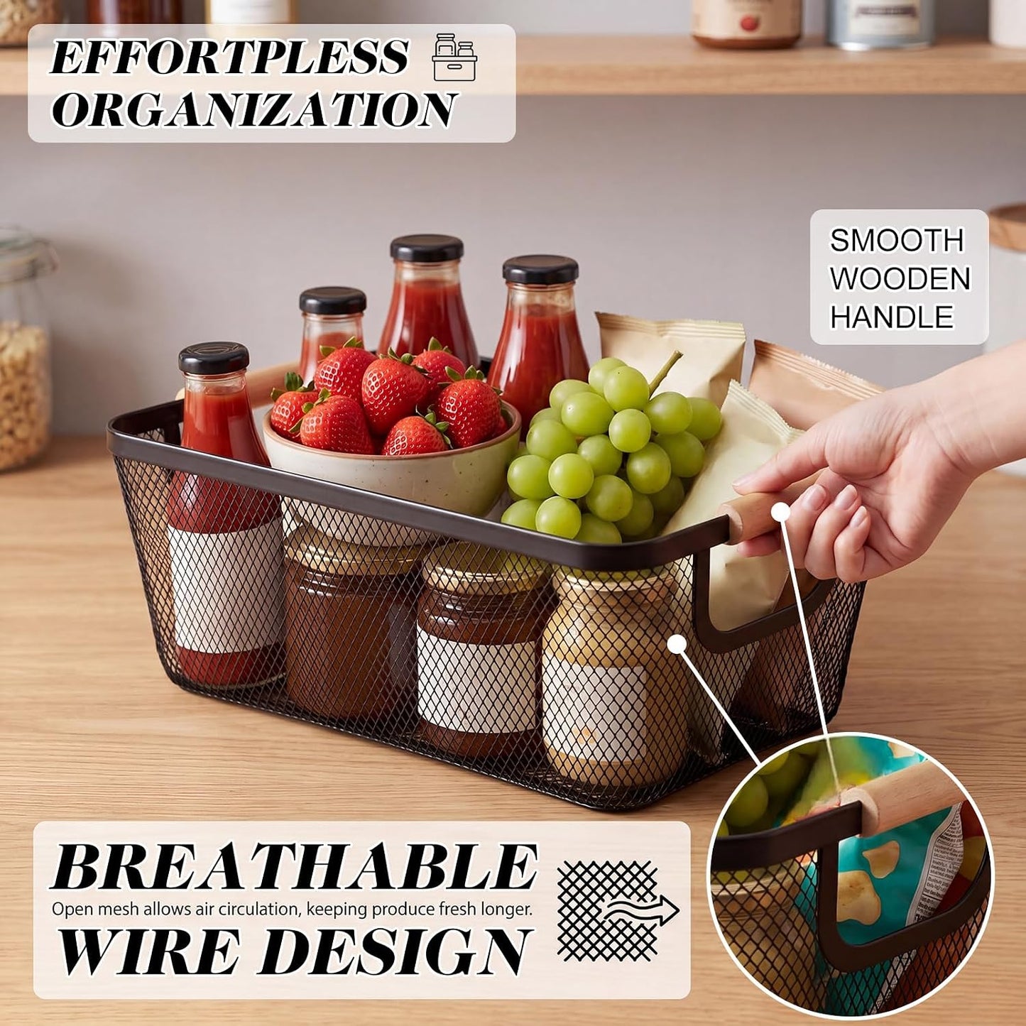 Sawysine 6 Pack Wire Mesh Baskets for Organizing with Wooden Handles 12.2 x 8.27 x 5.51 Inch Metal Mesh Storage Bins Black White Gray Fruit Vegetable Containers for Pantry Kitchen Office