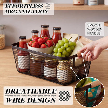 Sawysine 6 Pack Wire Mesh Baskets for Organizing with Wooden Handles 12.2 x 8.27 x 5.51 Inch Metal Mesh Storage Bins Black White Gray Fruit Vegetable Containers for Pantry Kitchen Office