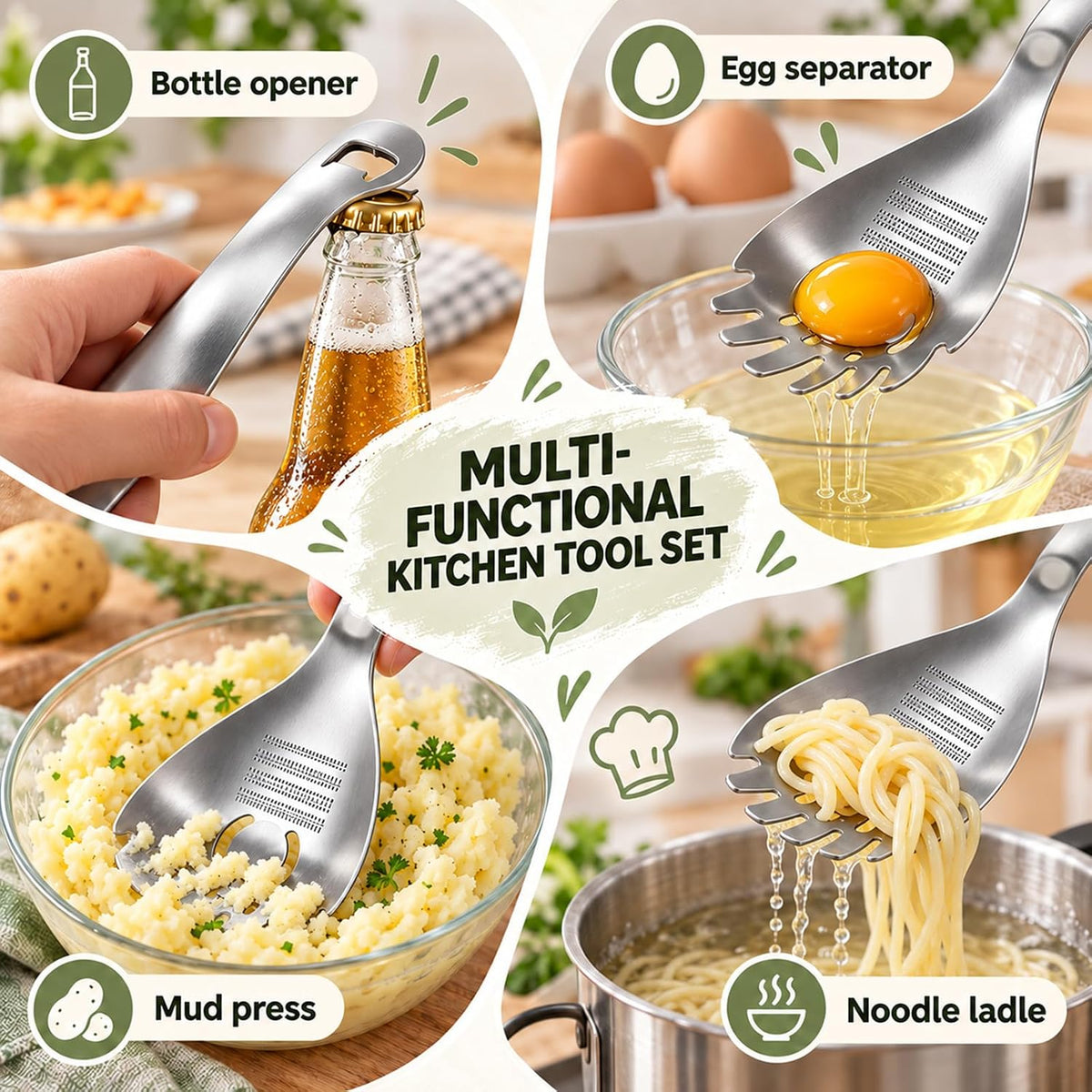 5-in-1 430 Stainless Steel Cooking Spoon, Egg Yolk Separator for Kitchen