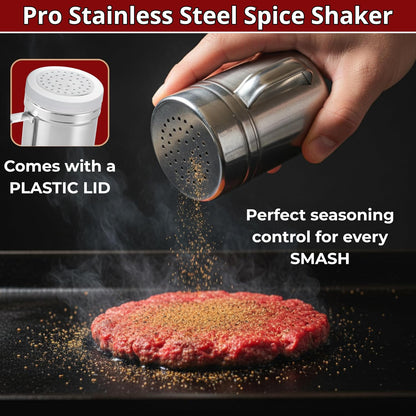 Gamalou® Smash Burger Press Kit: 7” Cast Iron Flat Press, 3-in-1 Hamburger Maker, 6x5” Spatula, Dredge Shaker & 100 Patty Papers for BBQ, Blackstone Griddle, Flat Top, Grill & Frying Pan