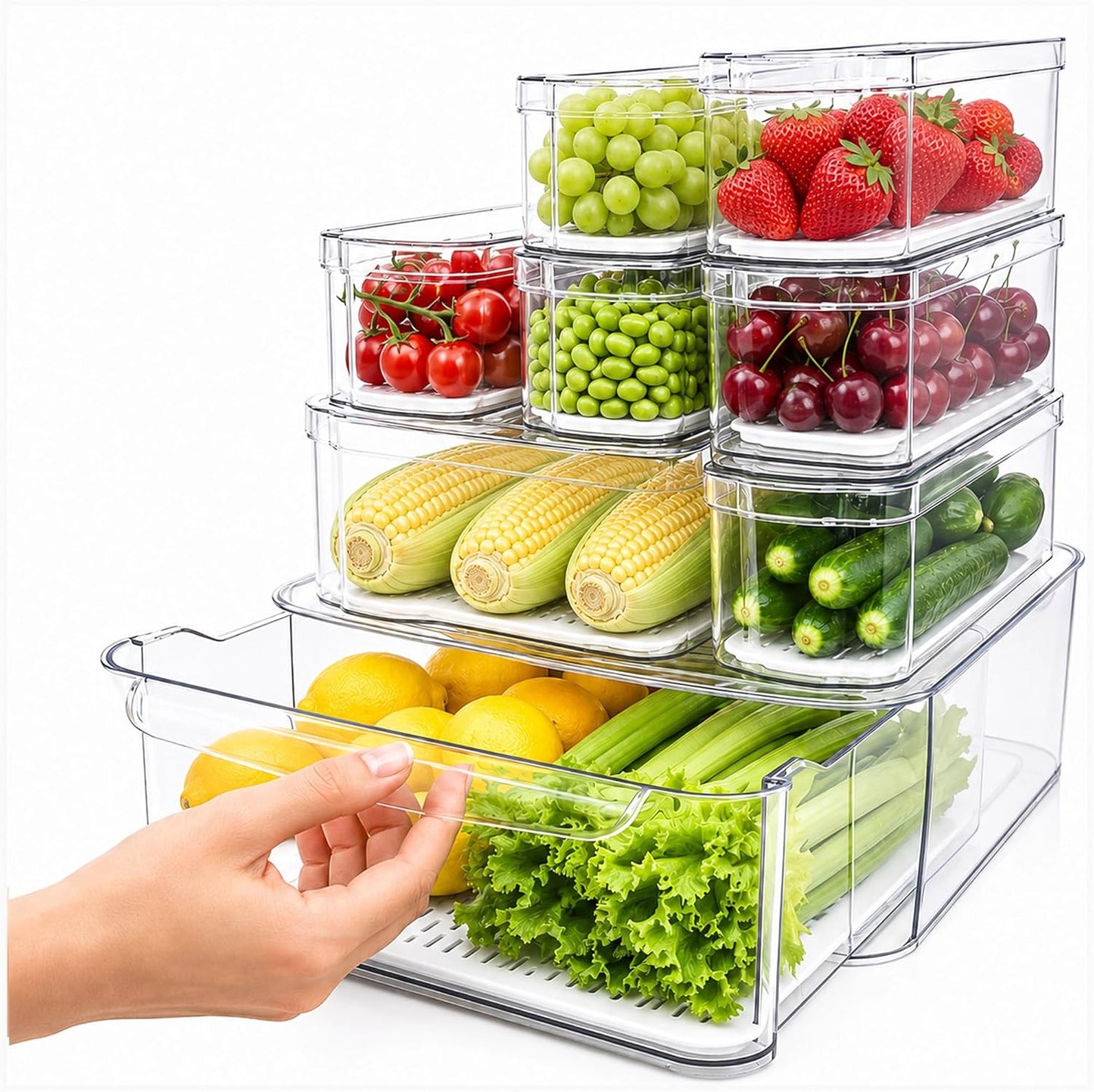 SMRCAD Refrigerator Organizers and Storage, 6 Pack with 1 Pull-Out Drawer and 5 Lidded Bins, Fruit Storage Containers for Fridge with Drain Trays, Helps Keep Produce Fresh