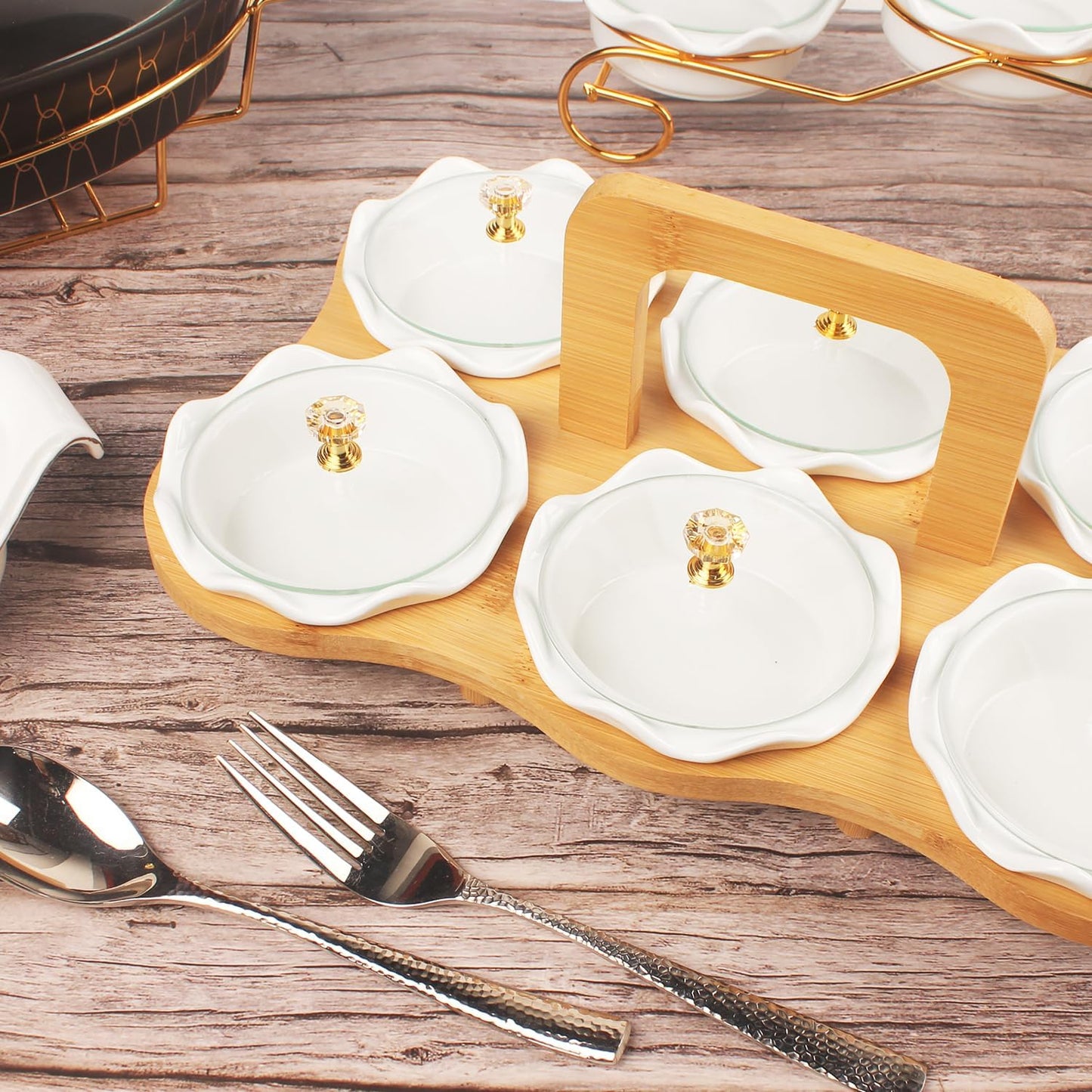 Ceramic Serving Bowls with glass Lids and metal Platter, 3 Removable Dipping Bowls Relish Tray Nuts Dishes for Appetizer, Fruits, Candy & Condiment, Perfect for Party Entertainment