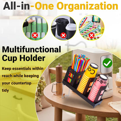 Cup and Lid Holder, Disposable Paper Cup Dispenser with Coffee Pod Straw Storage Basket, Countertop Coffee Cup Holder for Coffee Stations, Bars, Break Rooms, Living Rooms, Parties (Black)
