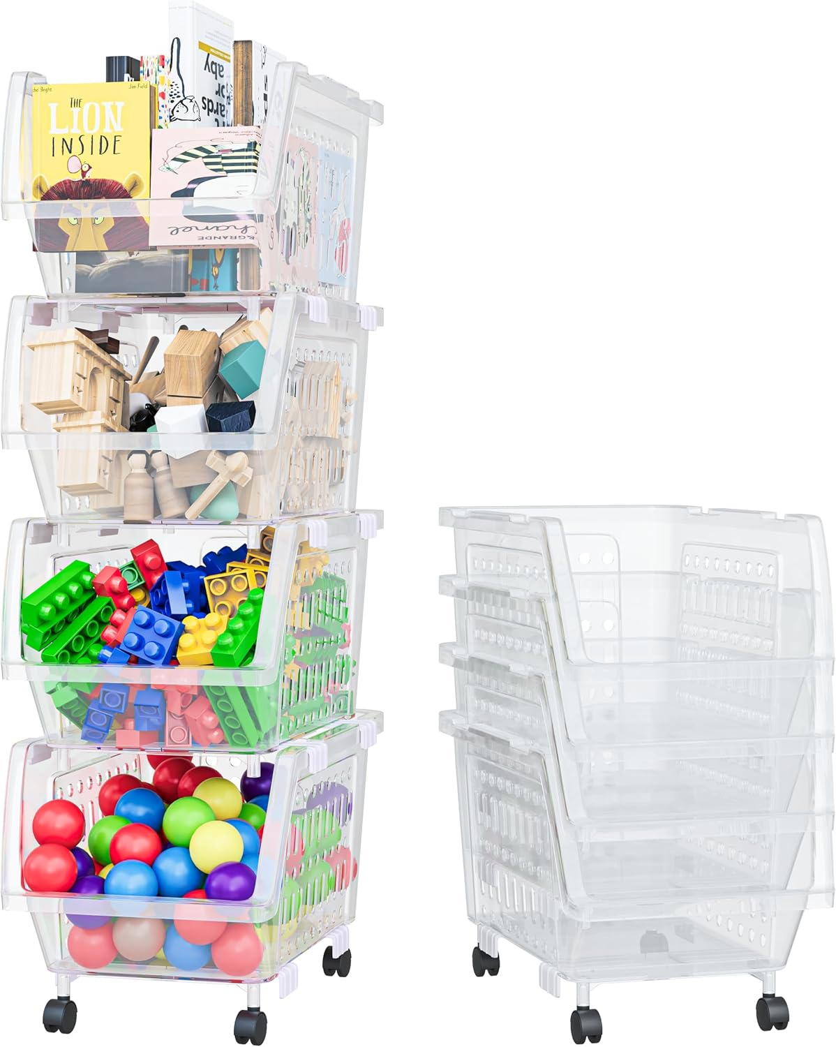 Large Stackable Storage Bins Open Front with Wheels, 4 Pack - Clear | Easy Assembly, Sturdy Plastic, Open Front Access, Smooth Rolling Wheels, Stackable, Large Capacity Storage