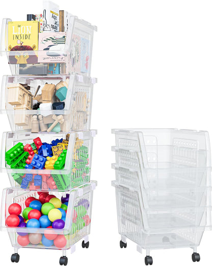 Large Stackable Storage Bins Open Front with Wheels, 4 Pack - Clear | Easy Assembly, Sturdy Plastic, Open Front Access, Smooth Rolling Wheels, Stackable, Large Capacity Storage