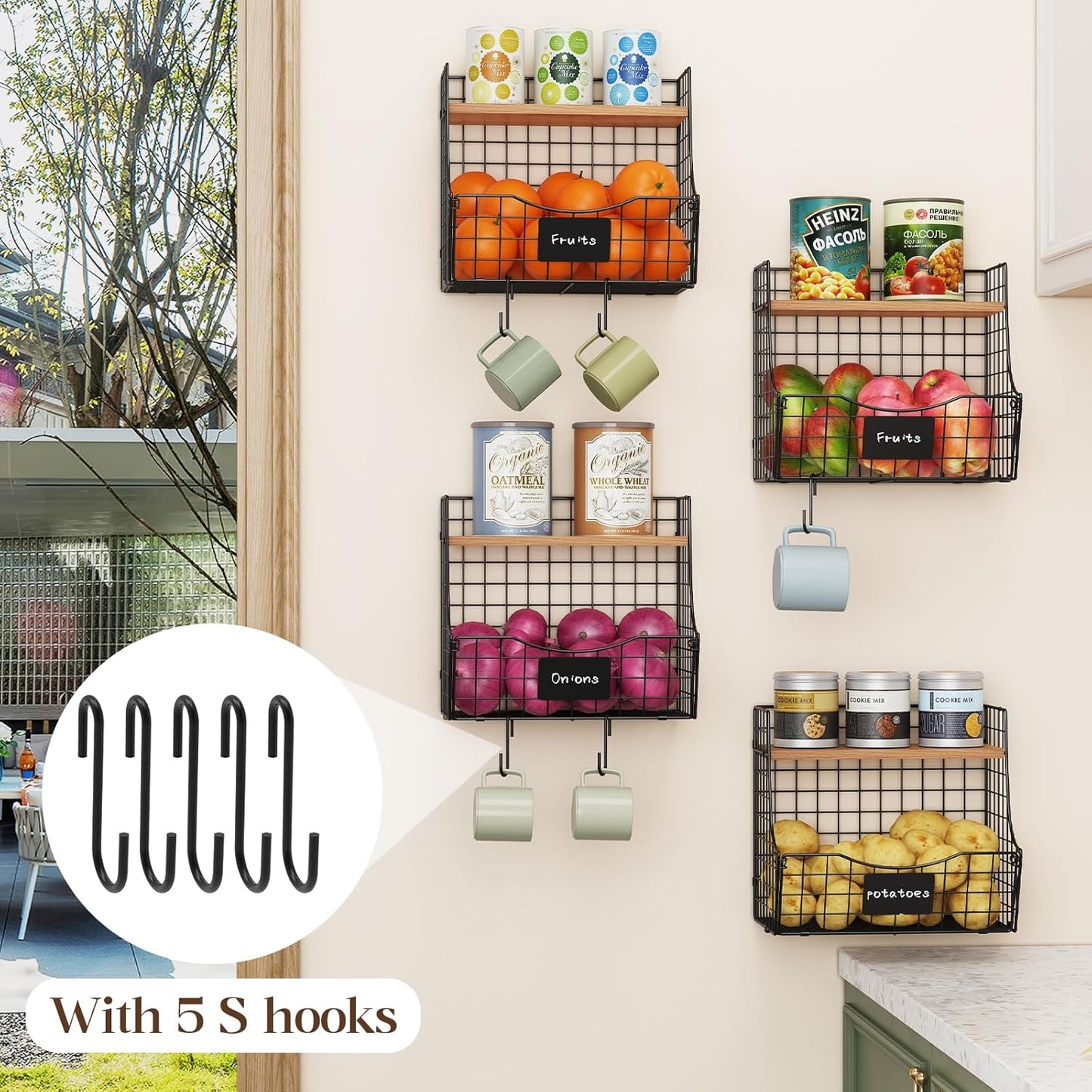 3 Pack Extra Large Fruit Basket for Kitchen with Wood Lid Nameplate - Counter&Wall Mounted Onion and Potato Storage Bin, Stackable Metal Hanging Wire Baskets,15.74 * 8.66 * 10.63 inch