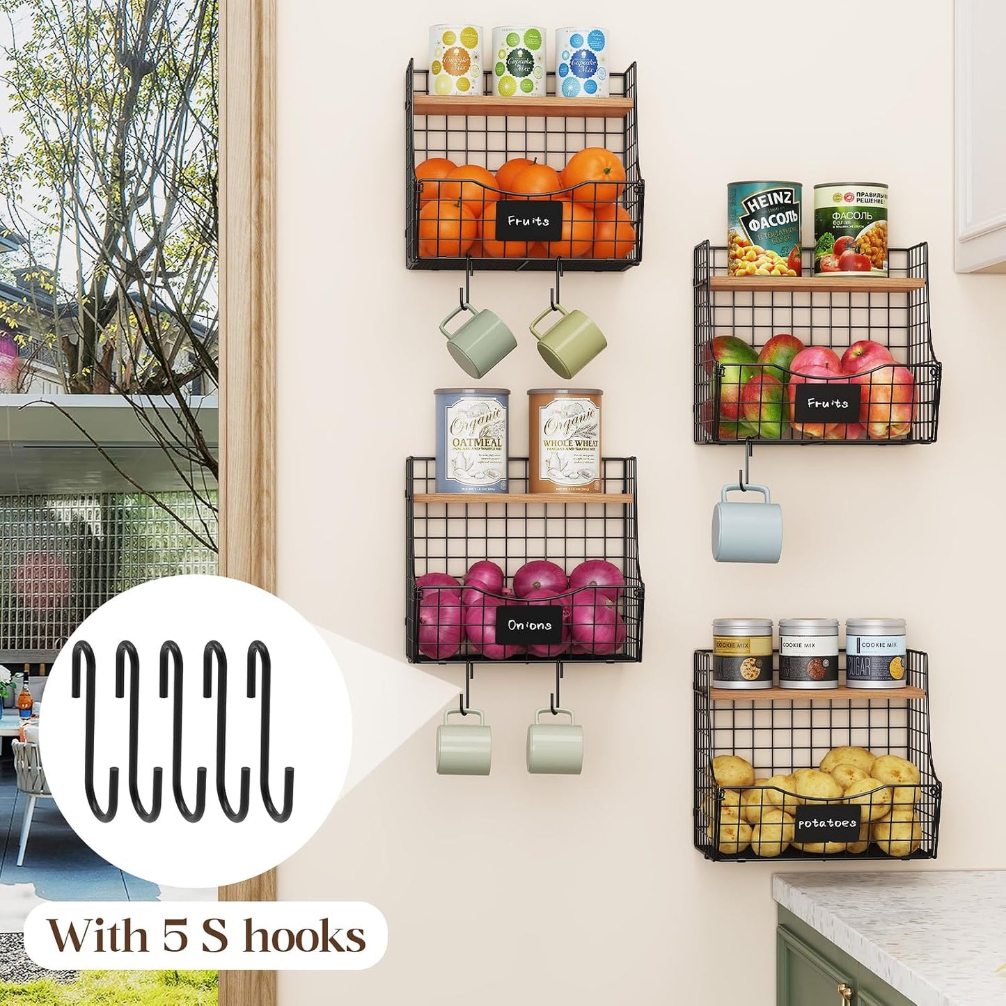 3 Pack Extra Large Fruit Basket for Kitchen with Wood Lid Nameplate - Counter&Wall Mounted Onion and Potato Storage Bin, Stackable Metal Hanging Wire Baskets,15.74 * 8.66 * 10.63 inch
