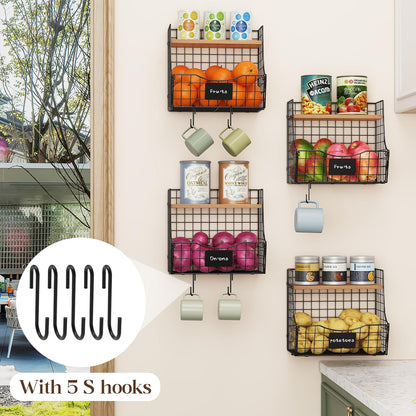 3 Pack Extra Large Fruit Basket for Kitchen with Wood Lid Nameplate - Counter&Wall Mounted Onion and Potato Storage Bin, Stackable Metal Hanging Wire Baskets,15.74 * 8.66 * 10.63 inch