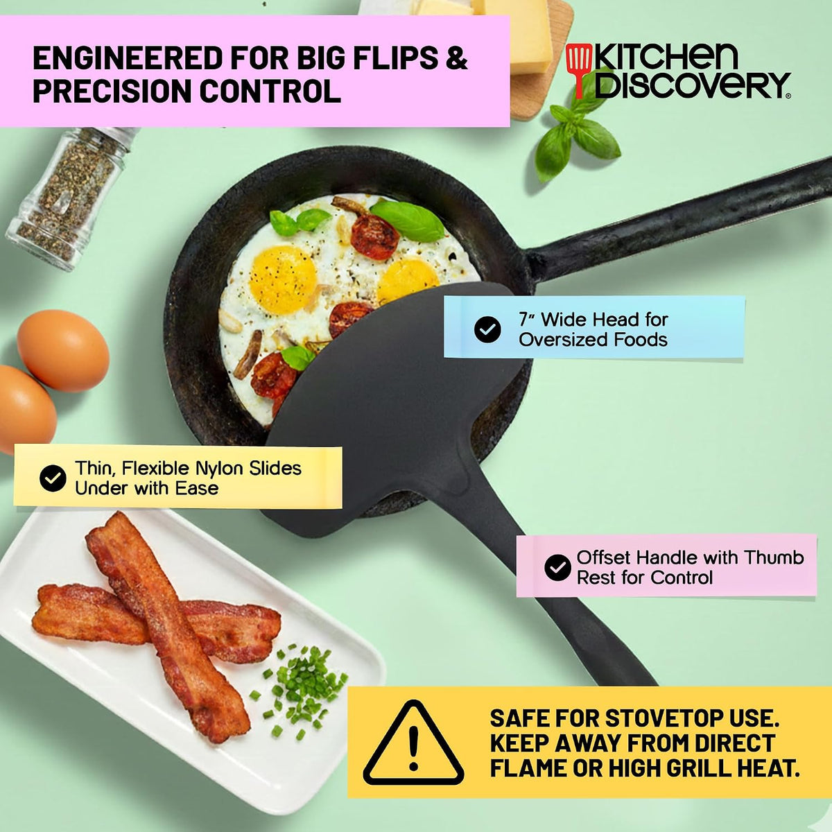 Kitchen Discovery Extra Wide Spatula Flipper, 7 in, Nylon