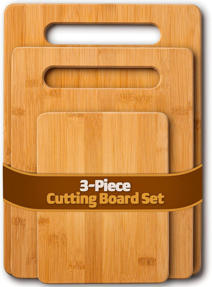 Bamboo Cutting Board Set for Kitchen - 3 Piece Reversible Wooden Cutting Boards, Wood Chopping Boards for Meat, Bread, Fruit, Cheese, Meal Prep, Wood Board and Charcuterie Serving Boards by Bambusi
