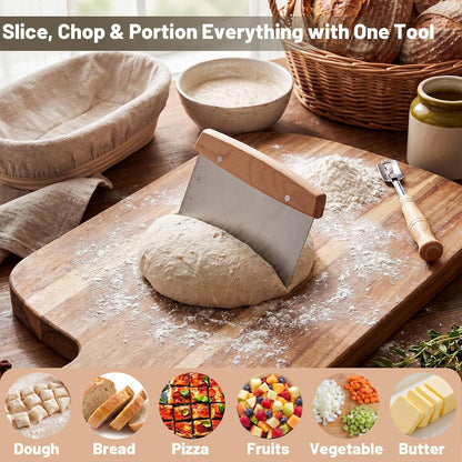 Chumia 2 Pcs Bench Scraper Stainless Steel Dough Cutter with Measurement Marks and Wooden Handle Multipurpose Bread Pizza Food Griddle Scraper Dishwasher Safe for Baking Cooking Pastry Cake