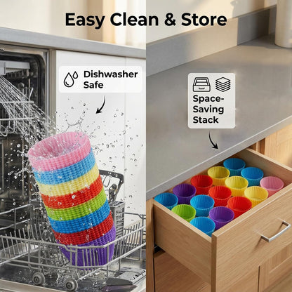 Reusable Silicone Cupcake Liners BPA Free Silicone Muffin Cups for Baking, Oven Microwave Air Fryer Safe, 2.75 x 1.7 x 1.2 Inches, Dishwasher Safe Baking Cups, 8 Rainbow Colors, 48 Pack
