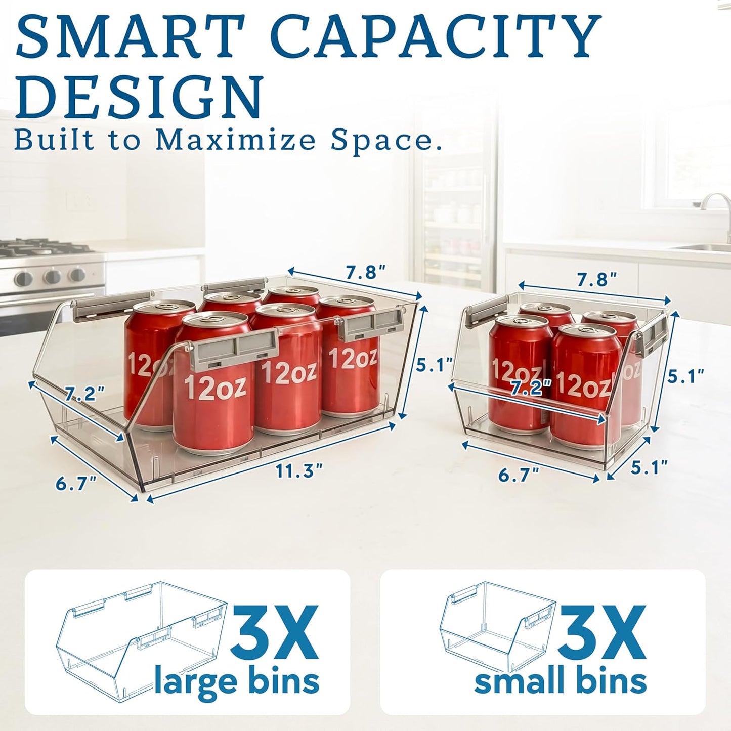 HOMESTEAD Set of 4 Stackable Storage Bins, 2 Large + 2 Small Clear Plastic Organizer Bins, Open Front Design for Kitchen Pantry, Fridge, Cabinet, Bathroom Organization and Snack Storage