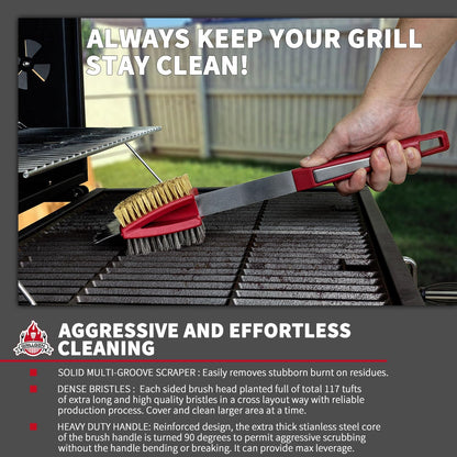 GRILLGEN Dual Sided Grill Brush and Scraper - 16.5" Heavy Duty 117-Hole Planted BBQ Cleaner with Brass & Stainless Steel Bristles - Safe for All Grates: Porcelain, Cast Iron and Steel