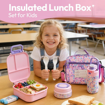 Itslife Bento Box for Kids Set, Insulated Food Container,Kids Lunch Box, 7 oz Thermos for Hot Food, 12 oz Thermos Water Bottle, Reusable Insulated Ice Bag & Fork Spoon Utensils Camping Travel Pink