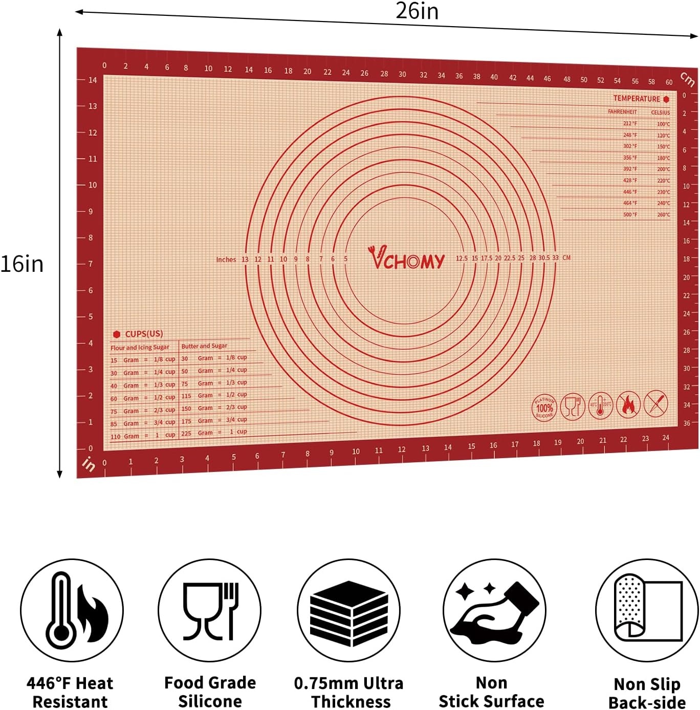 Extra Large Silicone Pastry Mat for Counter Rolling Dough,36x24 Inch,0.75mm Thick,Non Slip Silicone Baking Mat with Measurement(36 x 24 In,Red)
