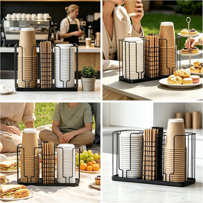 Coffee Cup and Lid Holder - Disposable Cup Holder, Metal Paper Cup Holder 3-Compartment Coffee Cup Dispenser for Countertop Coffee Station Bar Restaurant Office Breakroom Shop Kitchen