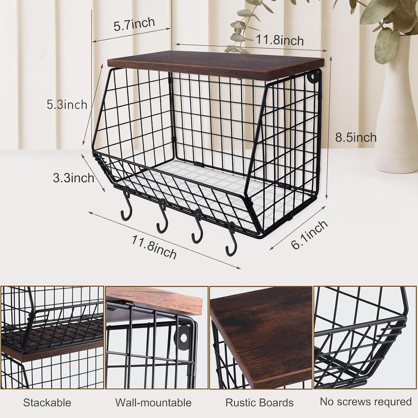 Mefirt Fruit Basket, 2-Tier Fruit Bowl for Kitchen Counter, Stackable Wall Mounted Fruit Storage, Snack Organizer, Potato and Onion Storage Basket, Hanging Pantry Storage with Wood Lid, 2 Set, White