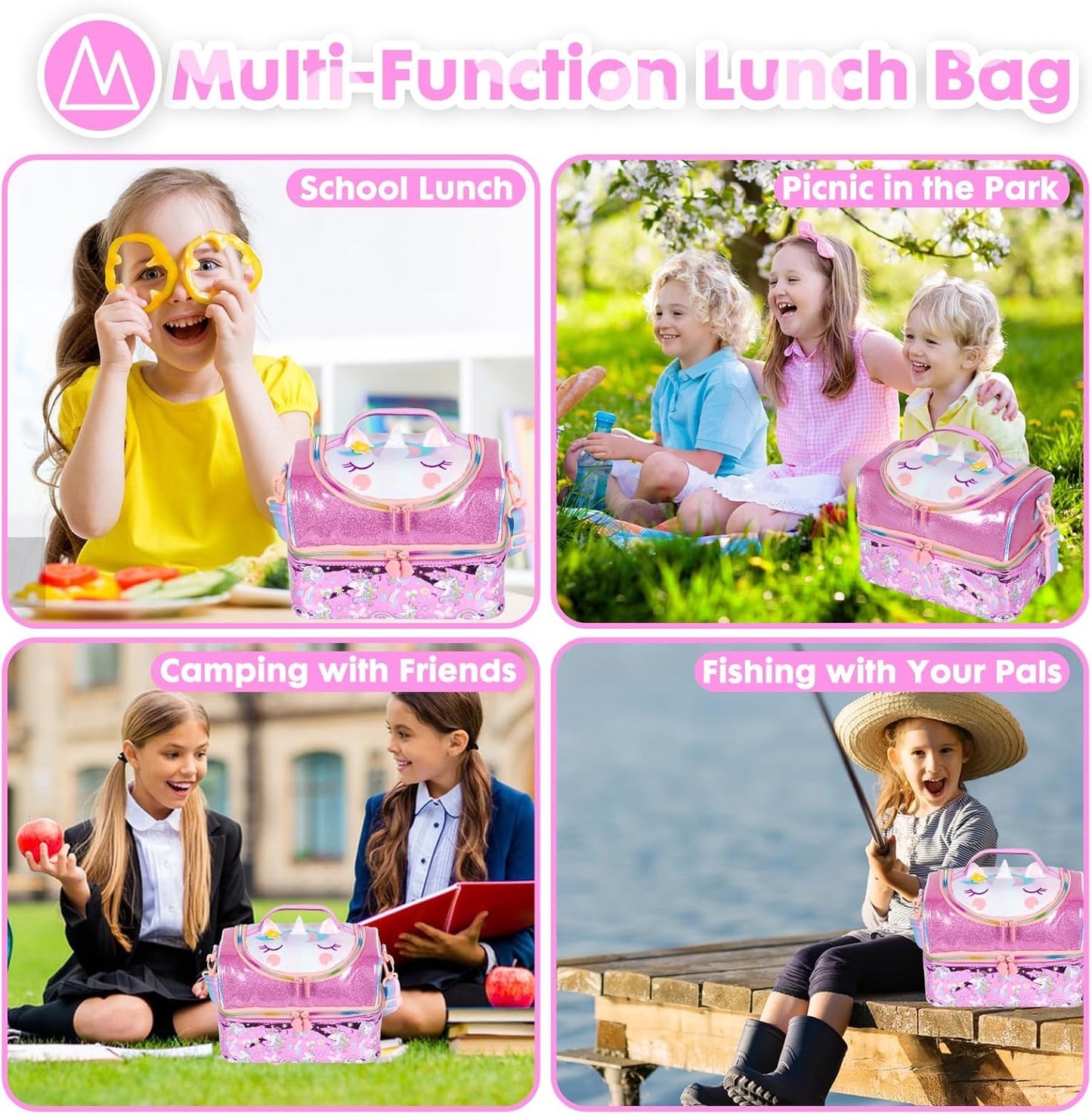 Kids Double Decker Cooler Insulated Lunch Bag, Back to School Large Meal Tote for Boys, Girls, Men, Women, with Adjustable Strap, Soccer