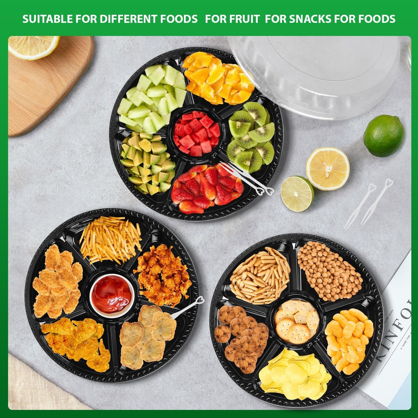 Plastic Appetizer Tray with Lid - Heavy Duty,Recyclable 12 in. Veggie Fruit Snacks Trays Disposable Food Storage Containers,10 Pcs Food Serving Platters for Party and Buffet with 100 Forks