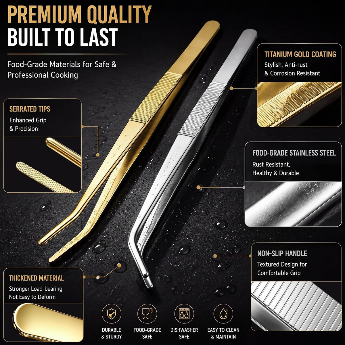 Hicarer 4 Pack Kitchen Tweezers Tongs 12 Inch Stainless Steel Cooking Tweezers for Chef Professional Gold and Silver Precision Plating Tongs for Grilling BBQ Sushi Meat Fish Pasta Cocktail